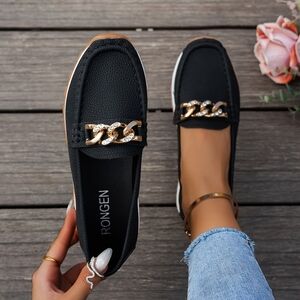 Rongen Womens Black Loafers with Gold Chain Accent Size 20